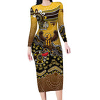 Personalized Hawks Football Mascot Long Sleeve Bodycon Dress Aboriginal Dot Art Style Vibrant Indigenous Pattern Design