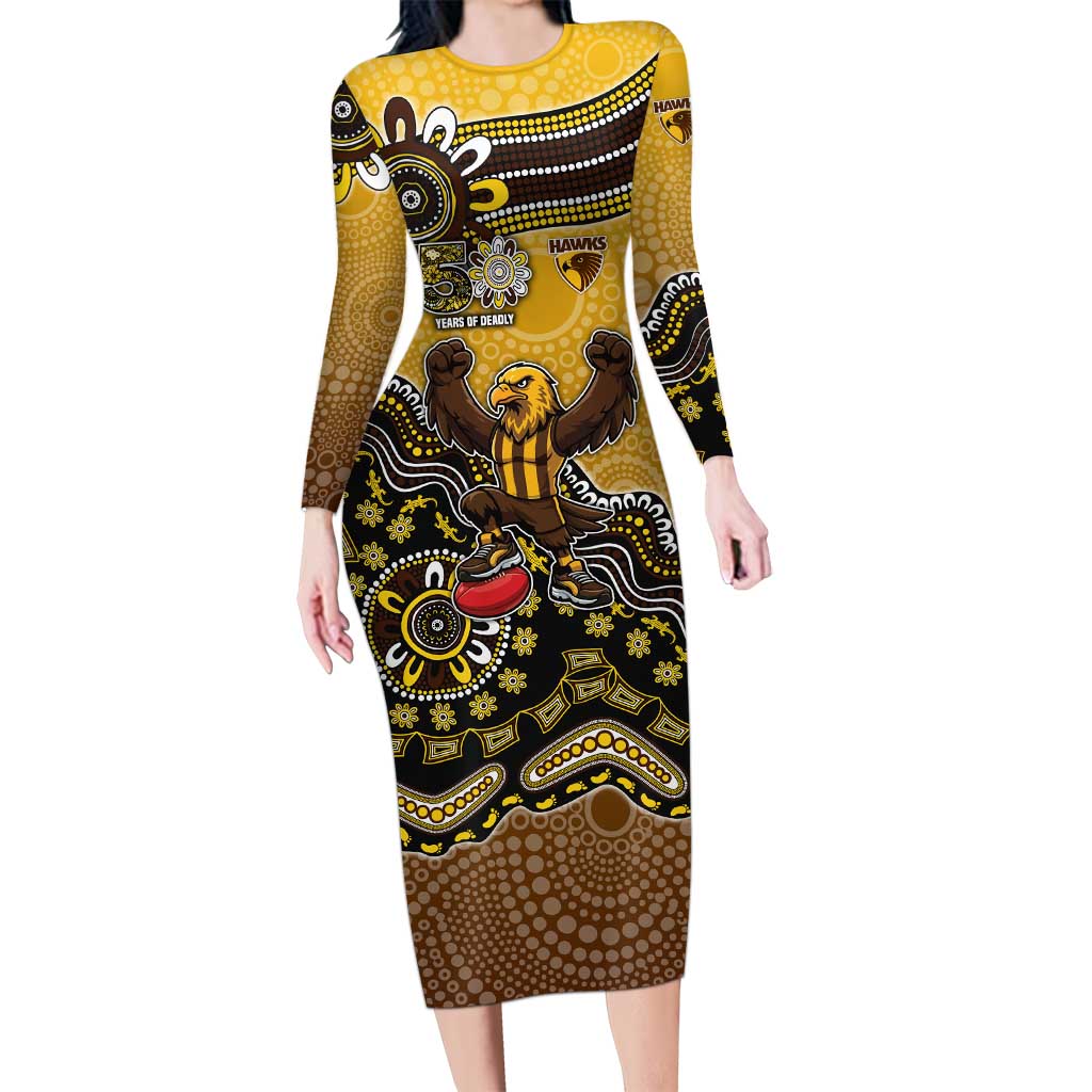 Personalized Hawks Football Mascot Long Sleeve Bodycon Dress Aboriginal Dot Art Style Vibrant Indigenous Pattern Design