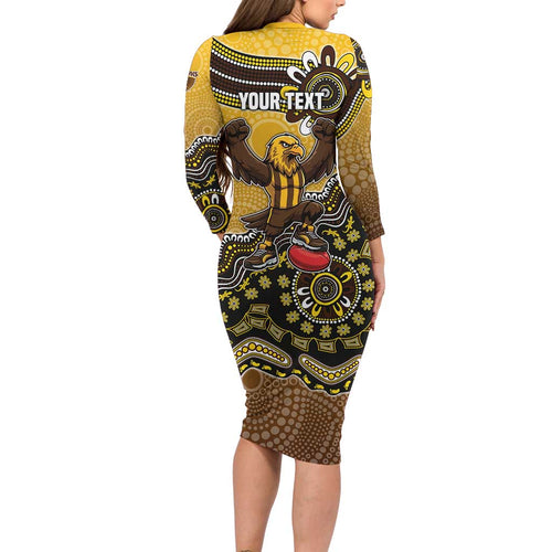 Personalized Hawks Football Mascot Long Sleeve Bodycon Dress Aboriginal Dot Art Style Vibrant Indigenous Pattern Design