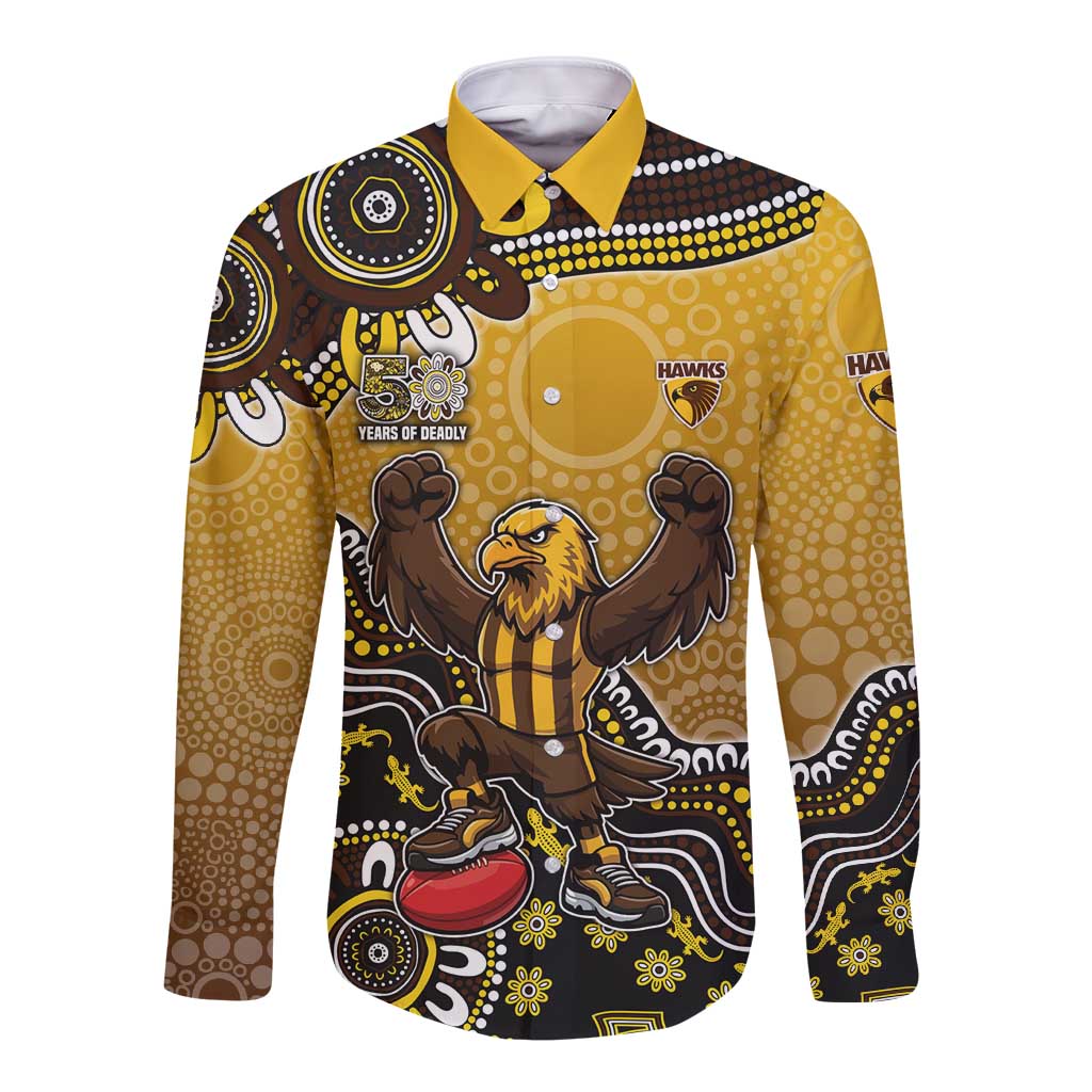 Personalized Hawks Football Mascot Long Sleeve Button Shirt Aboriginal Dot Art Style Vibrant Indigenous Pattern Design