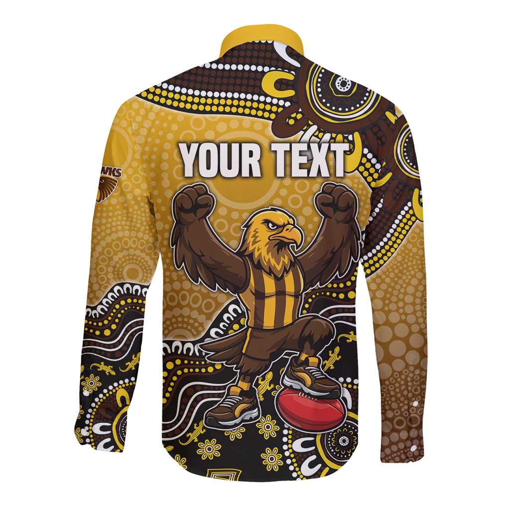 Personalized Hawks Football Mascot Long Sleeve Button Shirt Aboriginal Dot Art Style Vibrant Indigenous Pattern Design