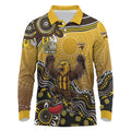 Personalized Hawks Football Mascot Long Sleeve Polo Shirt Aboriginal Dot Art Style Vibrant Indigenous Pattern Design