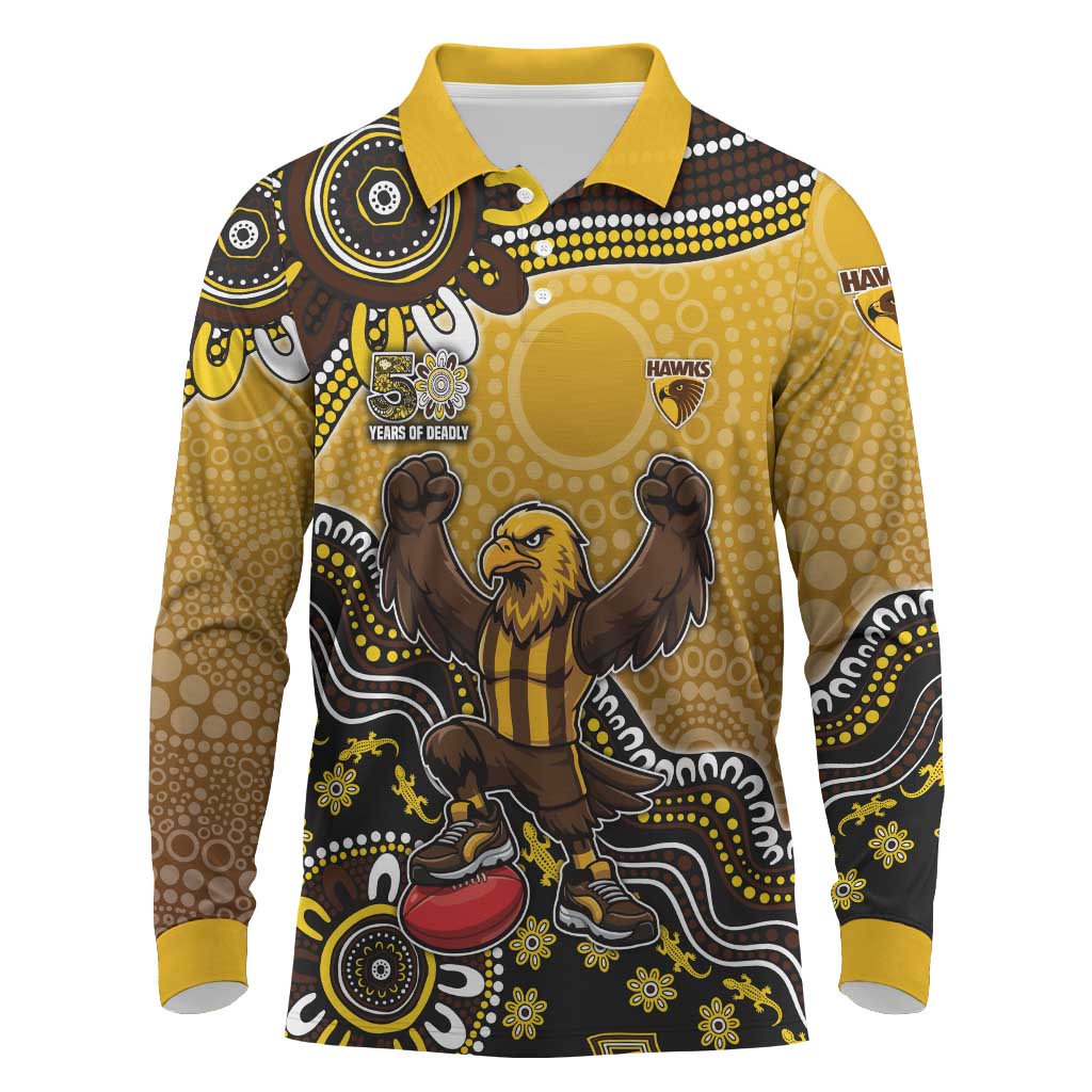 Personalized Hawks Football Mascot Long Sleeve Polo Shirt Aboriginal Dot Art Style Vibrant Indigenous Pattern Design