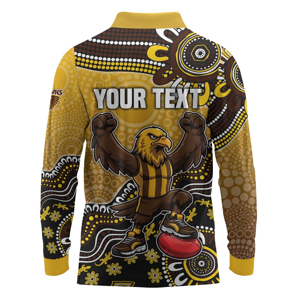 Personalized Hawks Football Mascot Long Sleeve Polo Shirt Aboriginal Dot Art Style Vibrant Indigenous Pattern Design