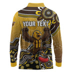 Personalized Hawks Football Mascot Long Sleeve Polo Shirt Aboriginal Dot Art Style Vibrant Indigenous Pattern Design