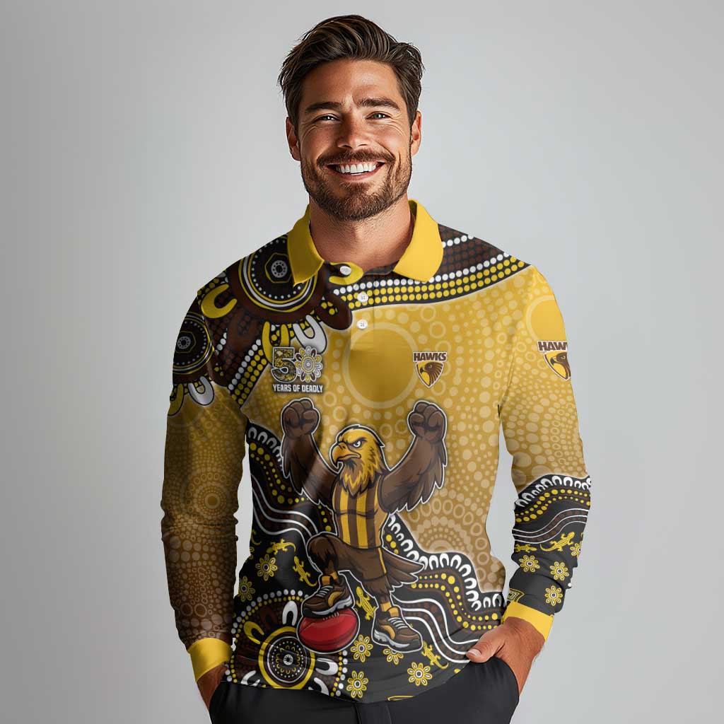 Personalized Hawks Football Mascot Long Sleeve Polo Shirt Aboriginal Dot Art Style Vibrant Indigenous Pattern Design
