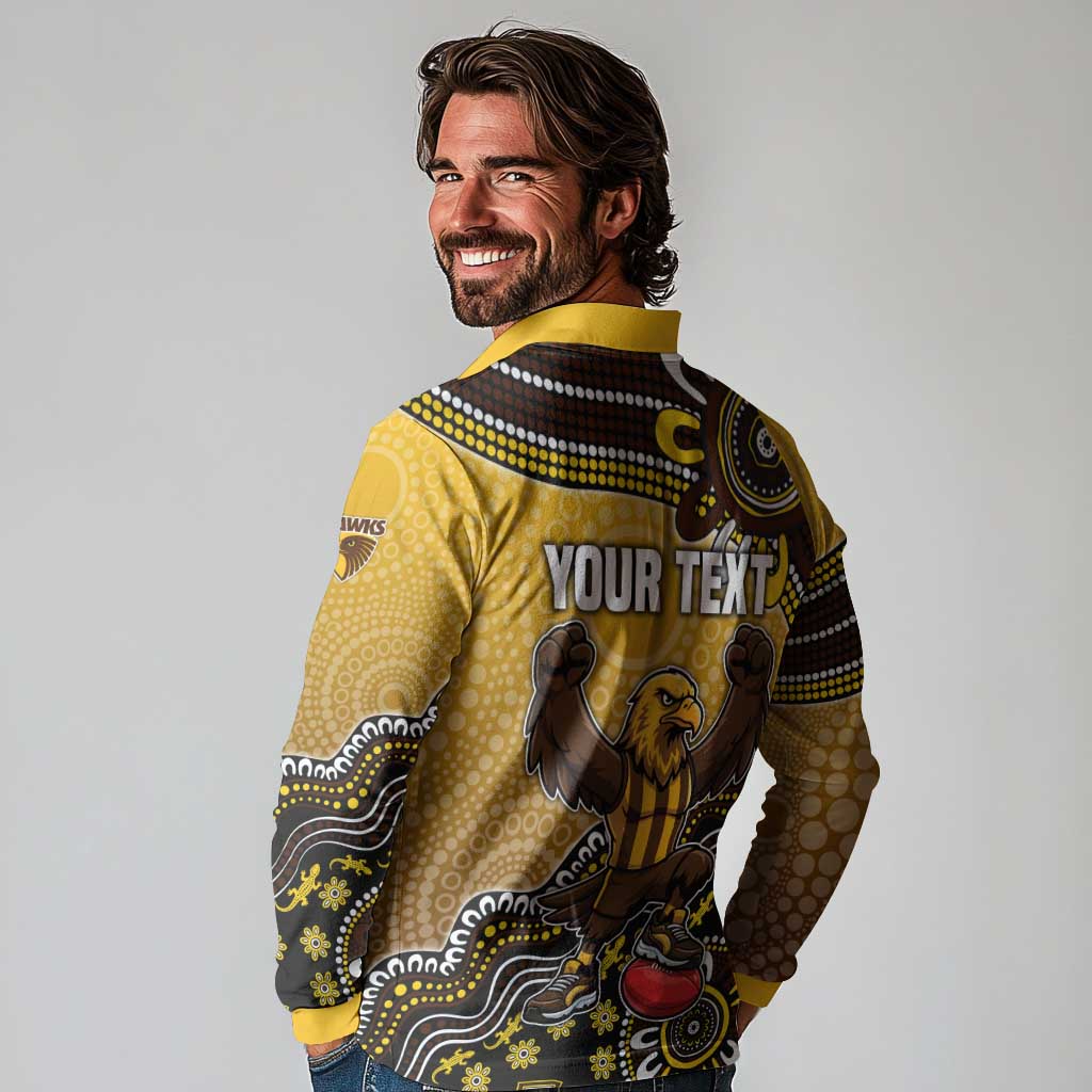 Personalized Hawks Football Mascot Long Sleeve Polo Shirt Aboriginal Dot Art Style Vibrant Indigenous Pattern Design