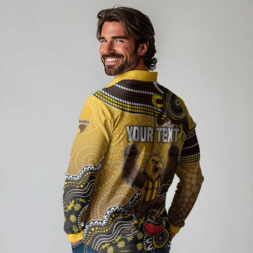 Personalized Hawks Football Mascot Long Sleeve Polo Shirt Aboriginal Dot Art Style Vibrant Indigenous Pattern Design
