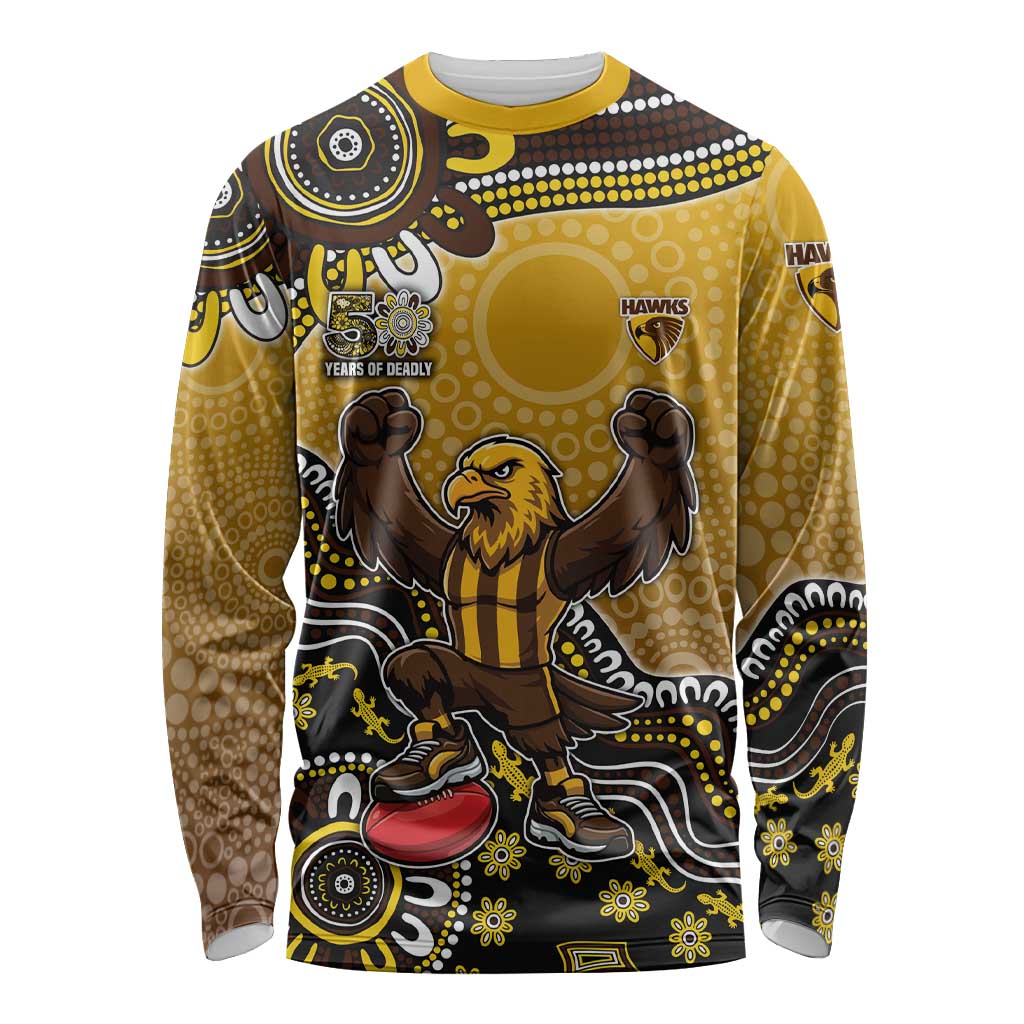 Personalized Hawks Football Mascot Long Sleeve Shirt Aboriginal Dot Art Style Vibrant Indigenous Pattern Design