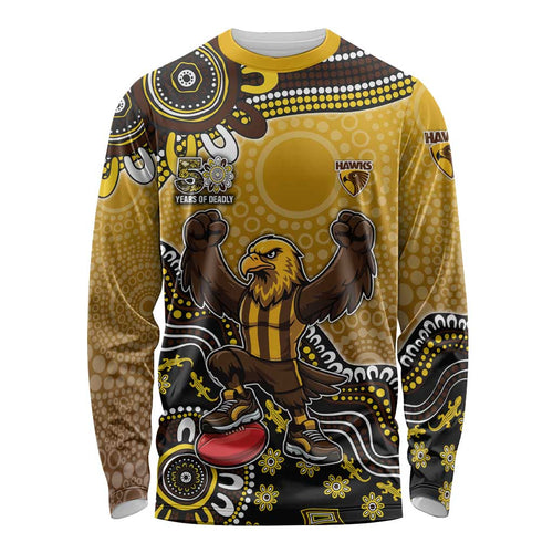 Personalized Hawks Football Mascot Long Sleeve Shirt Aboriginal Dot Art Style Vibrant Indigenous Pattern Design