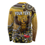 Personalized Hawks Football Mascot Long Sleeve Shirt Aboriginal Dot Art Style Vibrant Indigenous Pattern Design