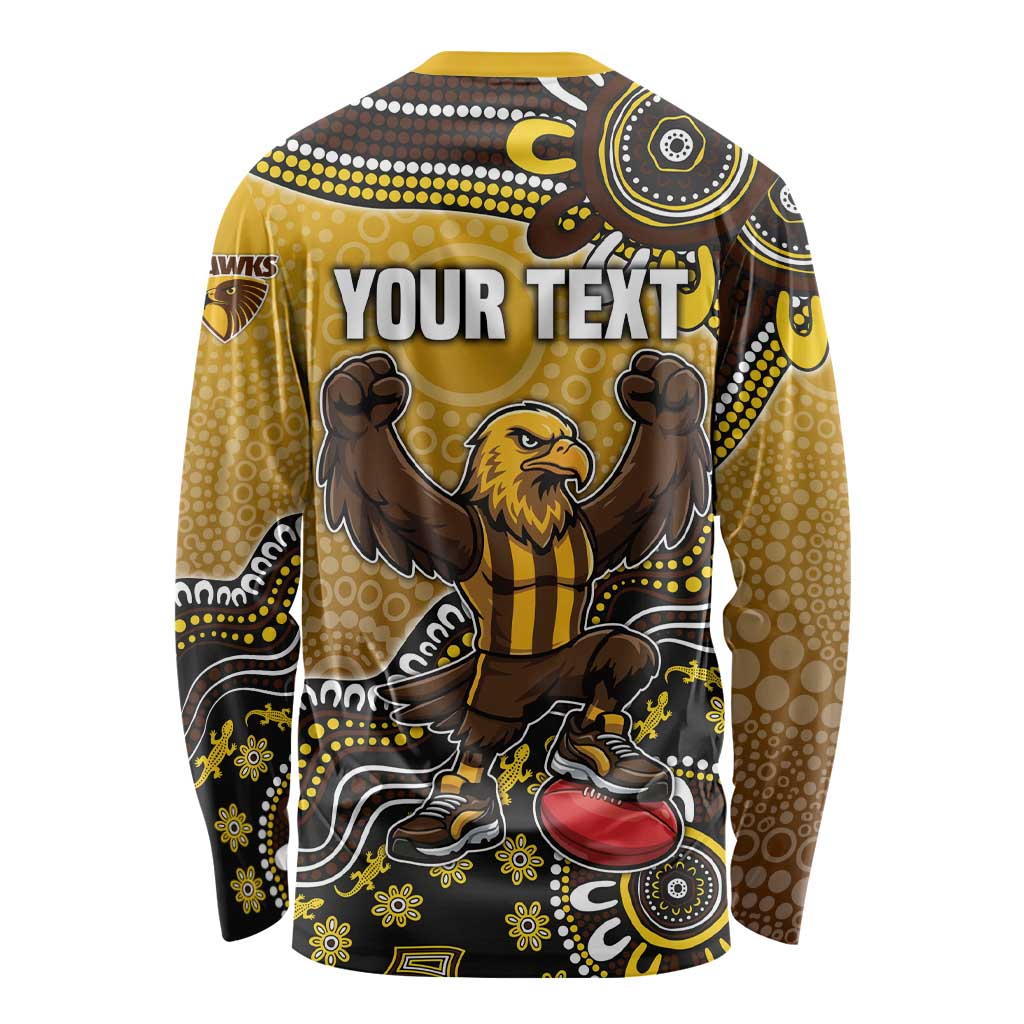 Personalized Hawks Football Mascot Long Sleeve Shirt Aboriginal Dot Art Style Vibrant Indigenous Pattern Design