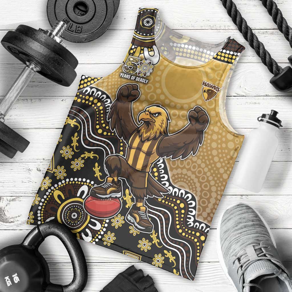 Personalized Hawks Football Mascot Men Tank Top Aboriginal Dot Art Style Vibrant Indigenous Pattern Design