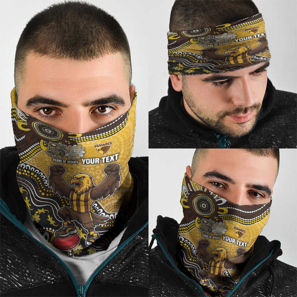 Personalized Hawks Football Mascot Neck Gaiter Aboriginal Dot Art Style Vibrant Indigenous Pattern Design