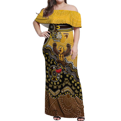 Personalized Hawks Football Mascot Off Shoulder Maxi Dress Aboriginal Dot Art Style Vibrant Indigenous Pattern Design