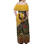 Personalized Hawks Football Mascot Off Shoulder Maxi Dress Aboriginal Dot Art Style Vibrant Indigenous Pattern Design