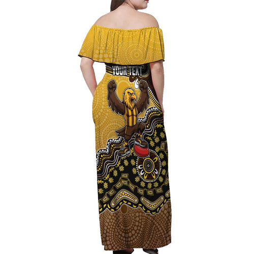 Personalized Hawks Football Mascot Off Shoulder Maxi Dress Aboriginal Dot Art Style Vibrant Indigenous Pattern Design