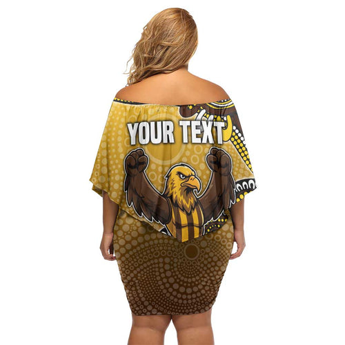 Personalized Hawks Football Mascot Off Shoulder Short Dress Aboriginal Dot Art Style Vibrant Indigenous Pattern Design