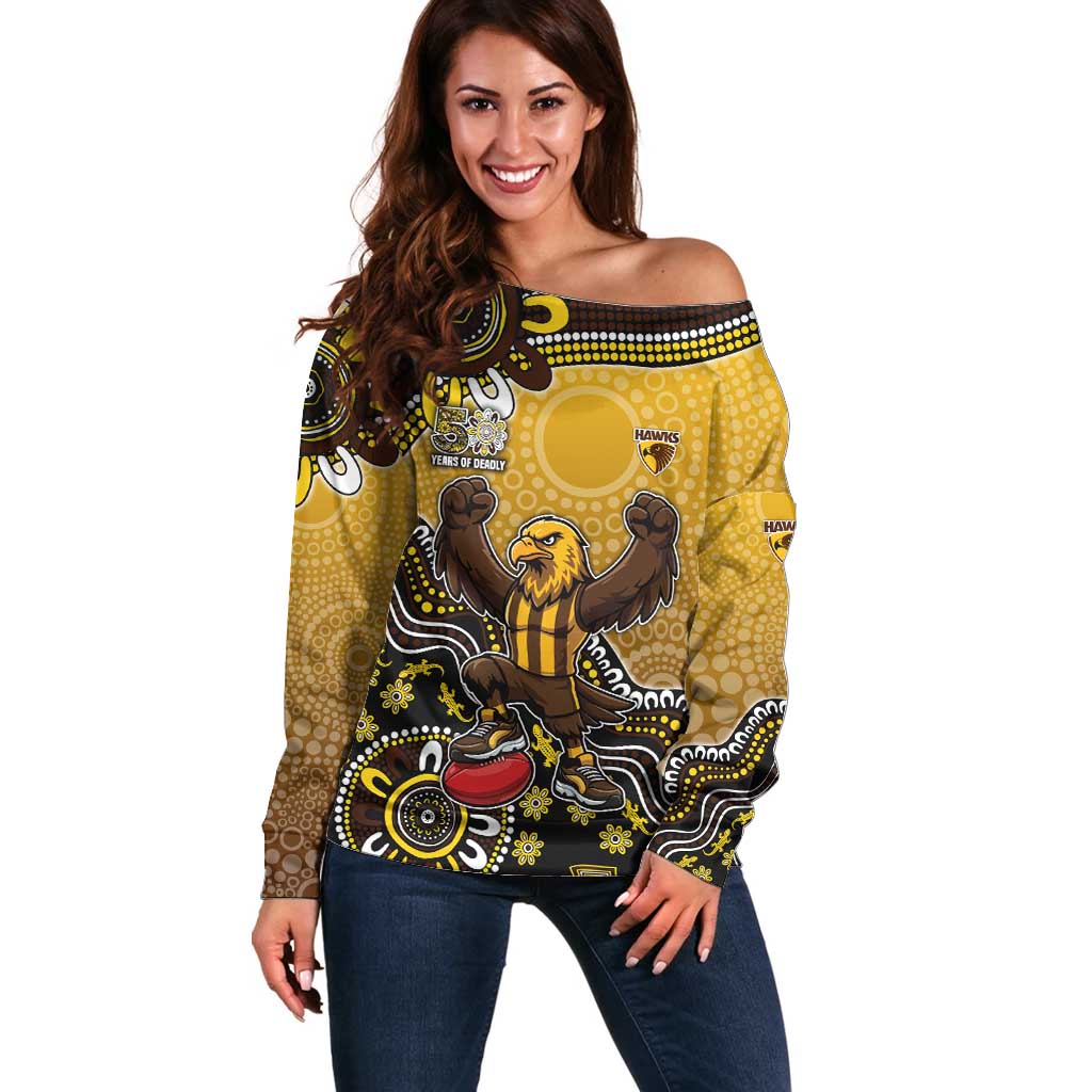 Personalized Hawks Football Mascot Off Shoulder Sweater Aboriginal Dot Art Style Vibrant Indigenous Pattern Design