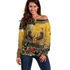 Personalized Hawks Football Mascot Off Shoulder Sweater Aboriginal Dot Art Style Vibrant Indigenous Pattern Design