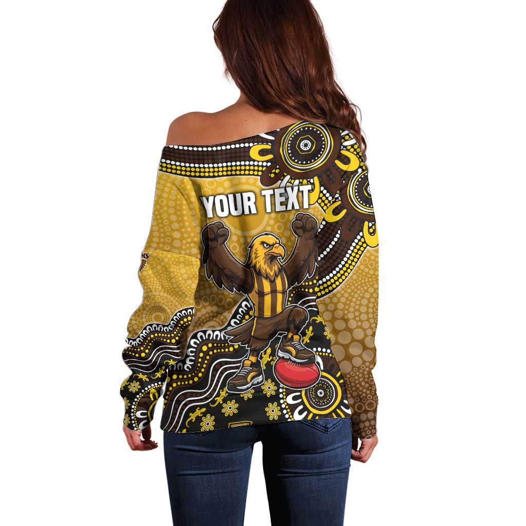 Personalized Hawks Football Mascot Off Shoulder Sweater Aboriginal Dot Art Style Vibrant Indigenous Pattern Design