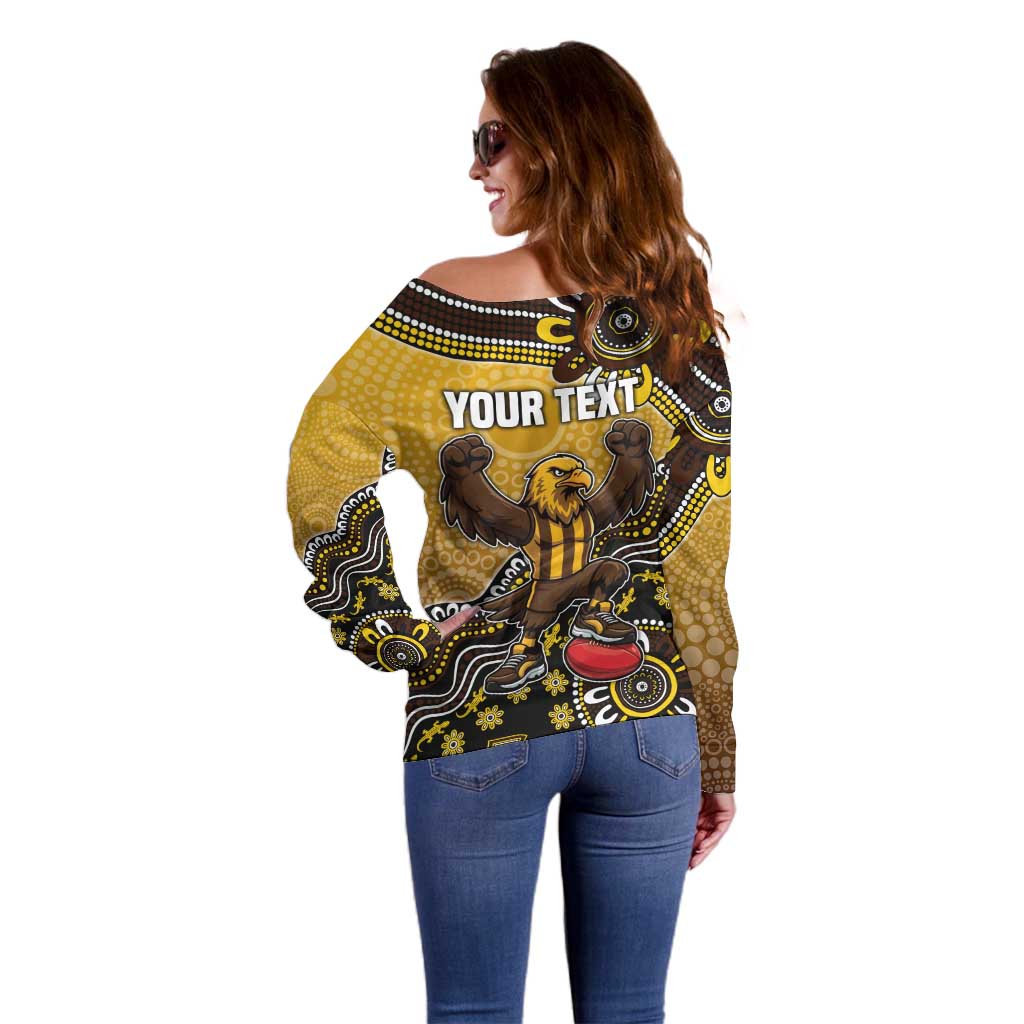 Personalized Hawks Football Mascot Off Shoulder Sweater Aboriginal Dot Art Style Vibrant Indigenous Pattern Design