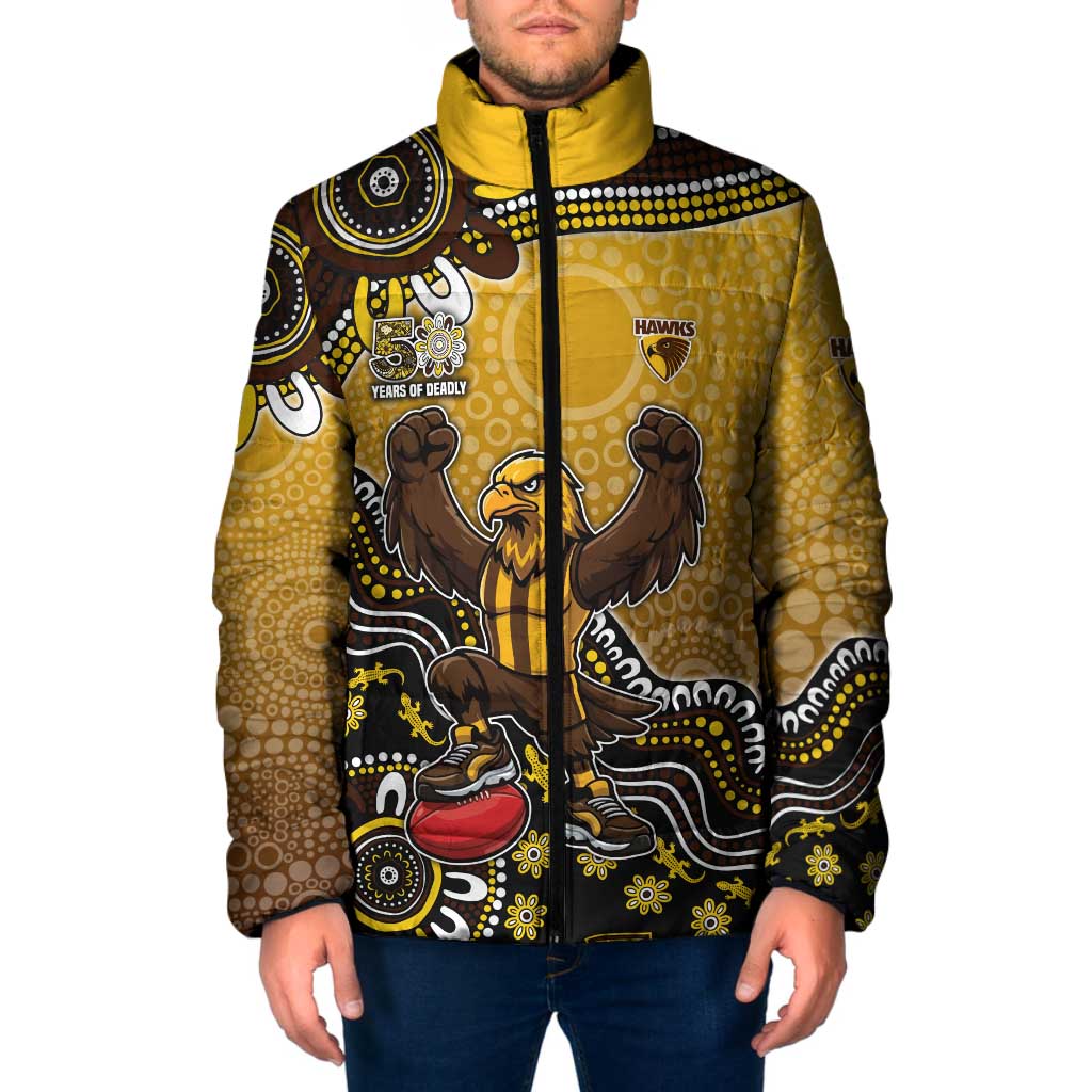 Personalized Hawks Football Mascot Padded Jacket Aboriginal Dot Art Style Vibrant Indigenous Pattern Design