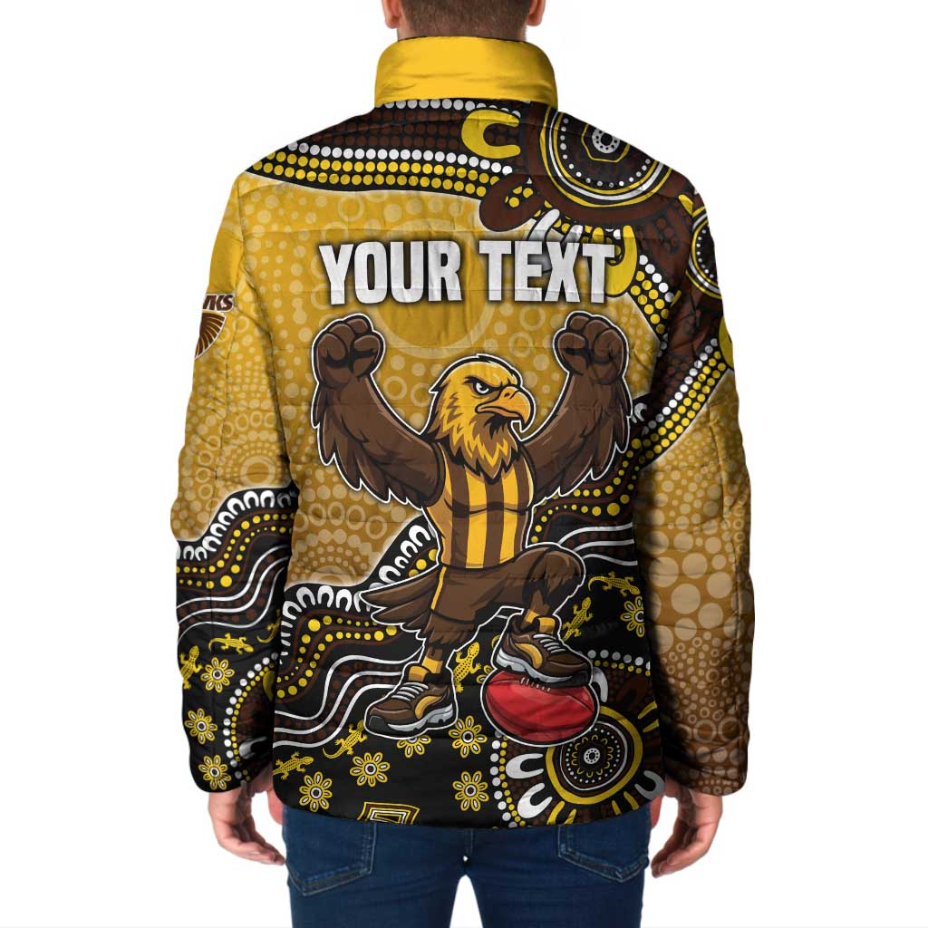 Personalized Hawks Football Mascot Padded Jacket Aboriginal Dot Art Style Vibrant Indigenous Pattern Design