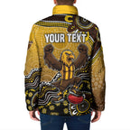 Personalized Hawks Football Mascot Padded Jacket Aboriginal Dot Art Style Vibrant Indigenous Pattern Design