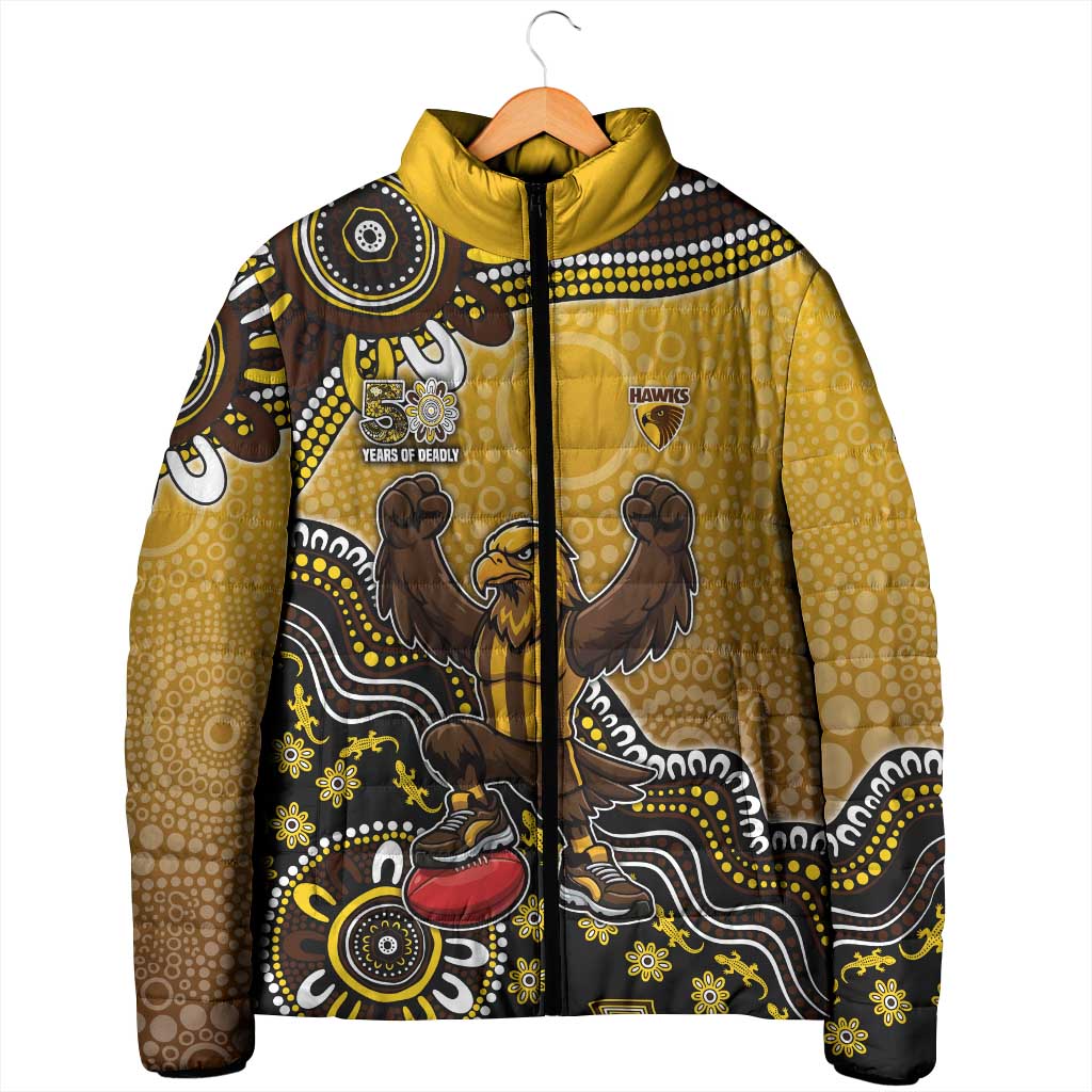 Personalized Hawks Football Mascot Padded Jacket Aboriginal Dot Art Style Vibrant Indigenous Pattern Design