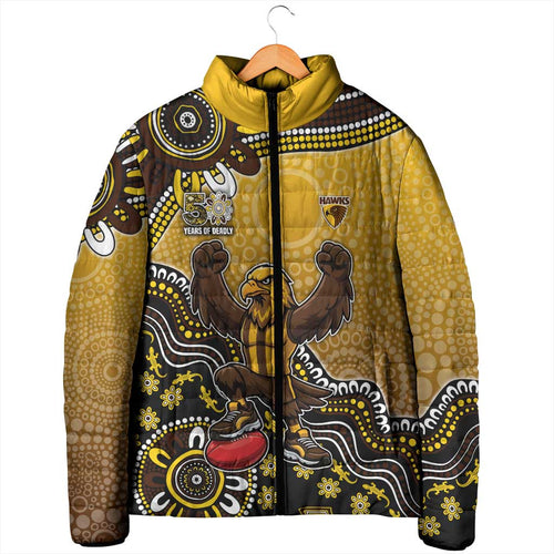Personalized Hawks Football Mascot Padded Jacket Aboriginal Dot Art Style Vibrant Indigenous Pattern Design