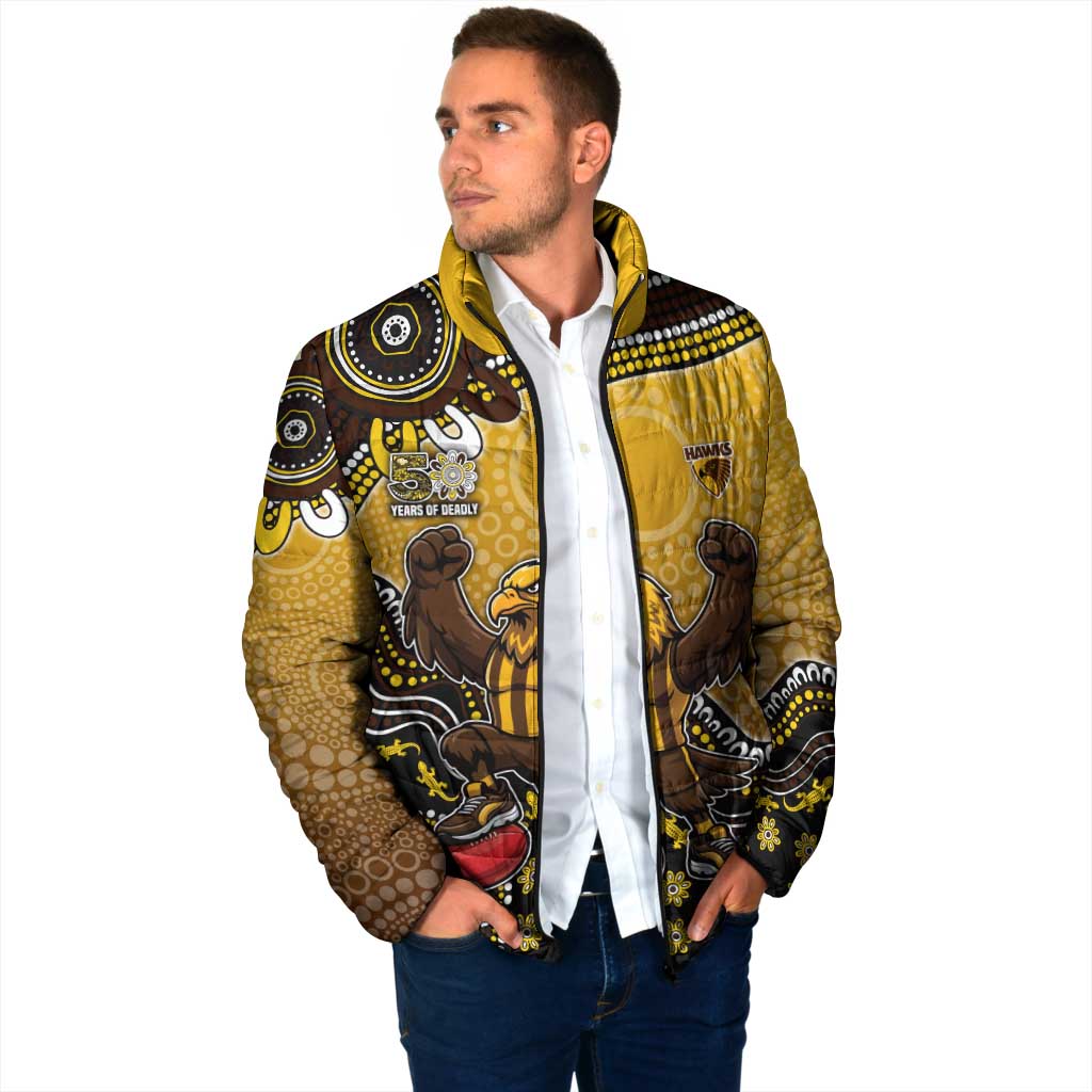 Personalized Hawks Football Mascot Padded Jacket Aboriginal Dot Art Style Vibrant Indigenous Pattern Design