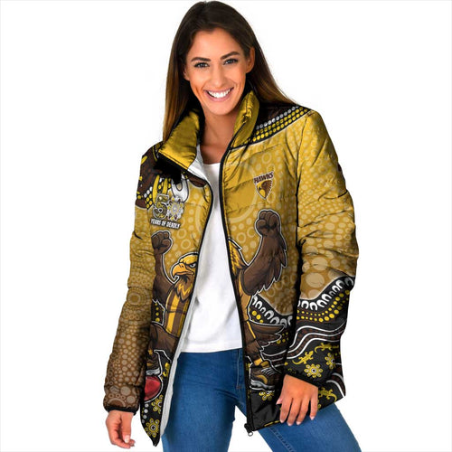 Personalized Hawks Football Mascot Padded Jacket Aboriginal Dot Art Style Vibrant Indigenous Pattern Design