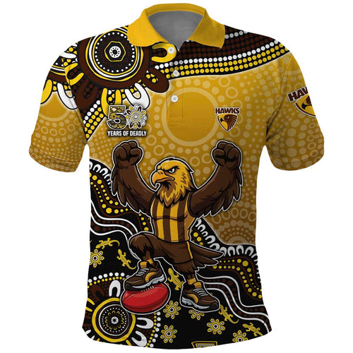 Personalized Hawks Football Mascot Polo Shirt Aboriginal Dot Art Style Vibrant Indigenous Pattern Design