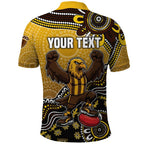 Personalized Hawks Football Mascot Polo Shirt Aboriginal Dot Art Style Vibrant Indigenous Pattern Design