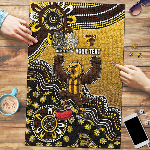 Personalized Hawks Football Mascot Puzzle Aboriginal Dot Art Style Vibrant Indigenous Pattern Design
