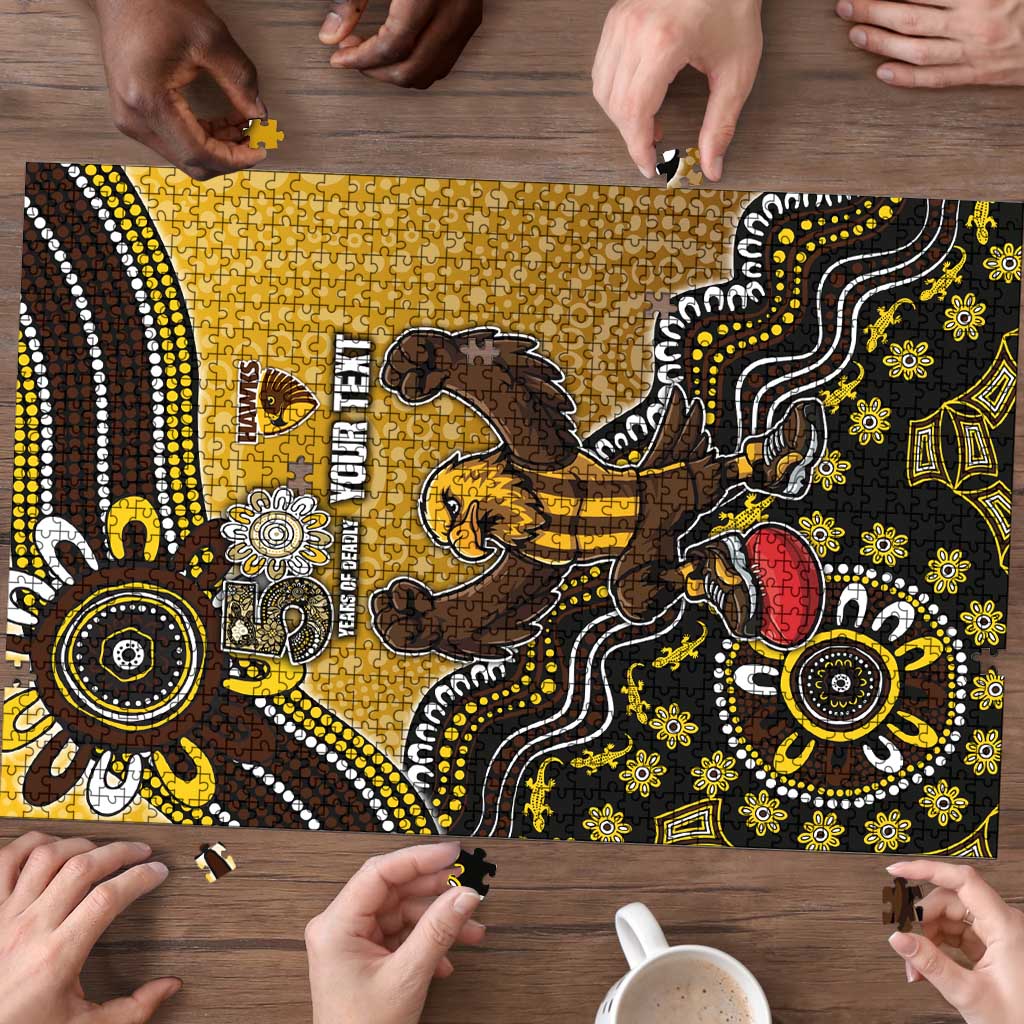 Personalized Hawks Football Mascot Puzzle Aboriginal Dot Art Style Vibrant Indigenous Pattern Design