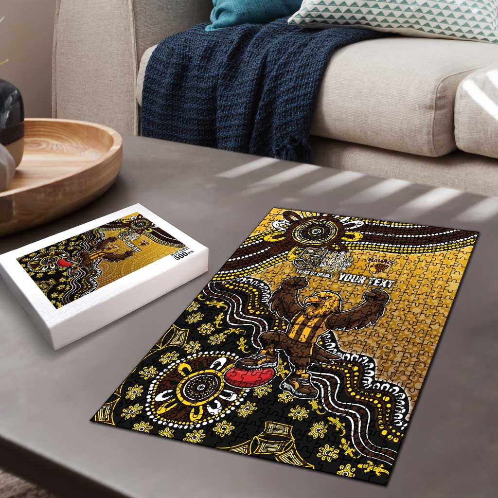 Personalized Hawks Football Mascot Puzzle Aboriginal Dot Art Style Vibrant Indigenous Pattern Design