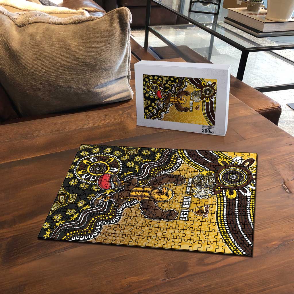 Personalized Hawks Football Mascot Puzzle Aboriginal Dot Art Style Vibrant Indigenous Pattern Design