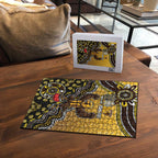 Personalized Hawks Football Mascot Puzzle Aboriginal Dot Art Style Vibrant Indigenous Pattern Design
