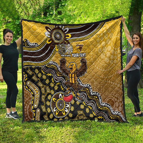 Personalized Hawks Football Mascot Quilt Aboriginal Dot Art Style Vibrant Indigenous Pattern Design