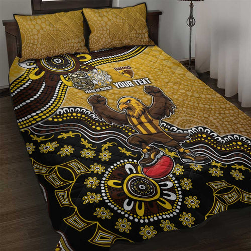 Personalized Hawks Football Mascot Quilt Bed Set Aboriginal Dot Art Style Vibrant Indigenous Pattern Design