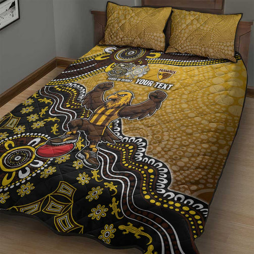 Personalized Hawks Football Mascot Quilt Bed Set Aboriginal Dot Art Style Vibrant Indigenous Pattern Design