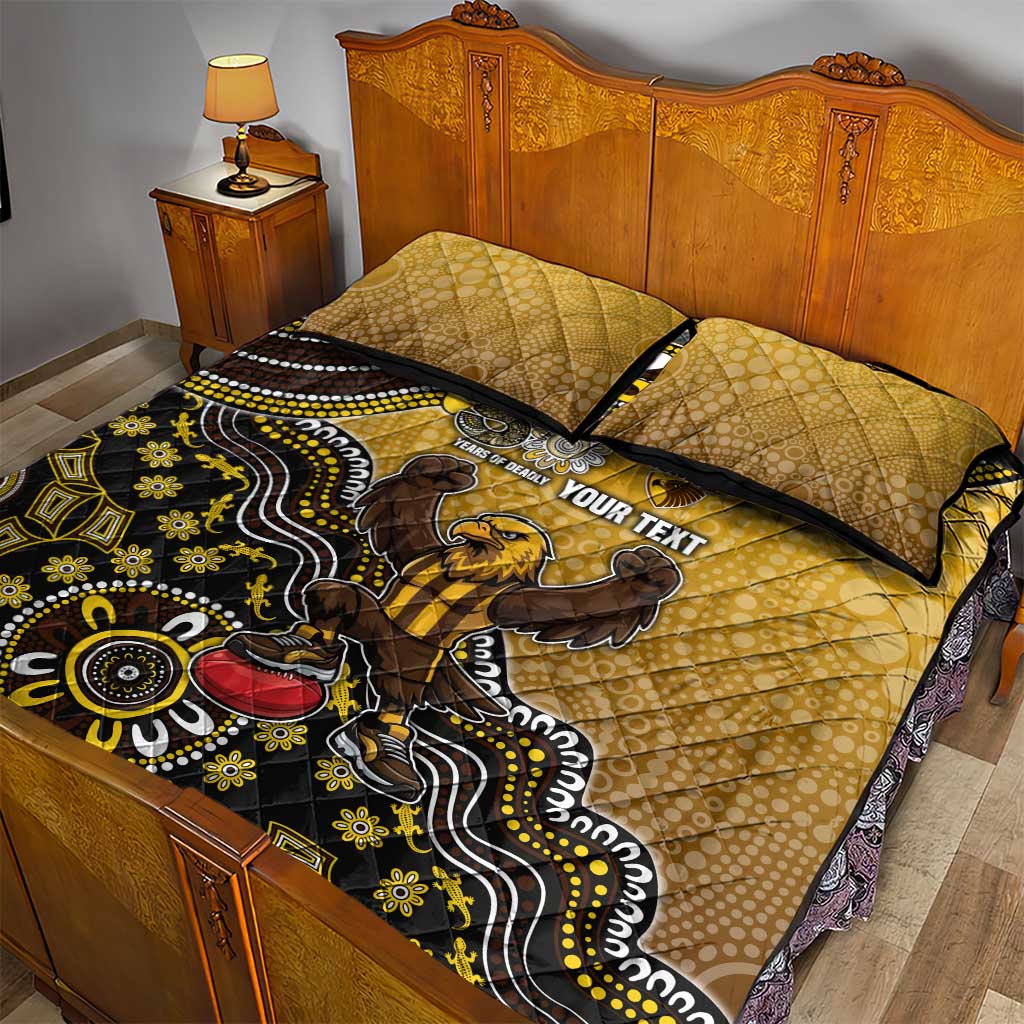Personalized Hawks Football Mascot Quilt Bed Set Aboriginal Dot Art Style Vibrant Indigenous Pattern Design