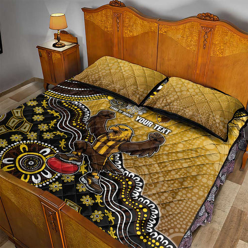 Personalized Hawks Football Mascot Quilt Bed Set Aboriginal Dot Art Style Vibrant Indigenous Pattern Design