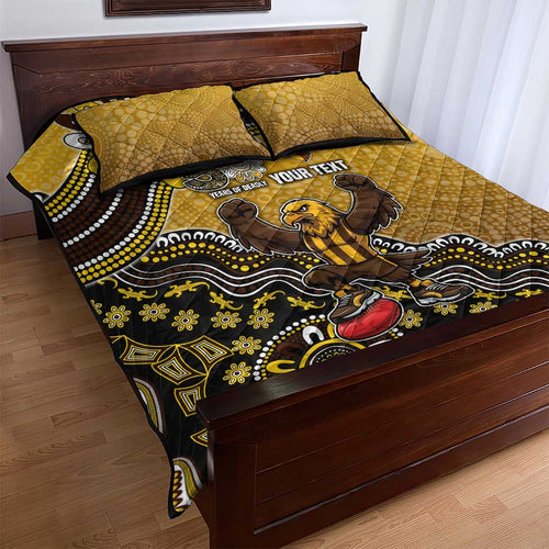 Personalized Hawks Football Mascot Quilt Bed Set Aboriginal Dot Art Style Vibrant Indigenous Pattern Design