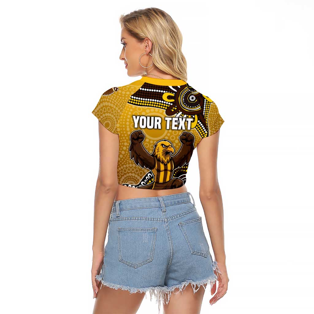 Personalized Hawks Football Mascot Raglan Cropped T Shirt Aboriginal Dot Art Style Vibrant Indigenous Pattern Design