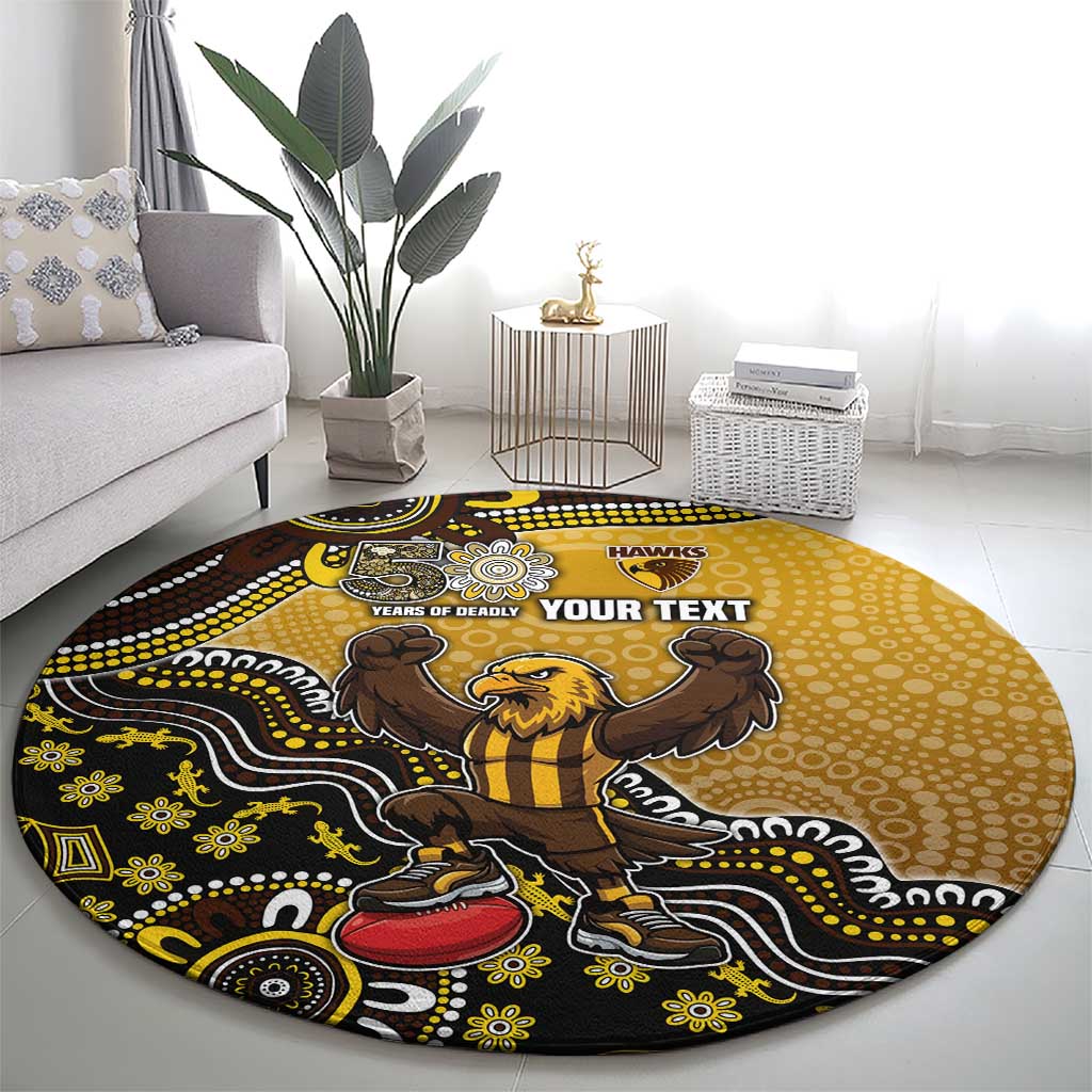Personalized Hawks Football Mascot Round Carpet Aboriginal Dot Art Style Vibrant Indigenous Pattern Design