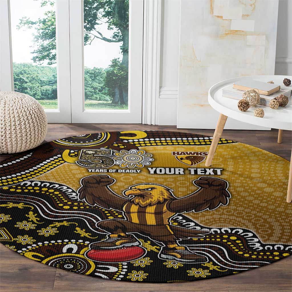 Personalized Hawks Football Mascot Round Carpet Aboriginal Dot Art Style Vibrant Indigenous Pattern Design