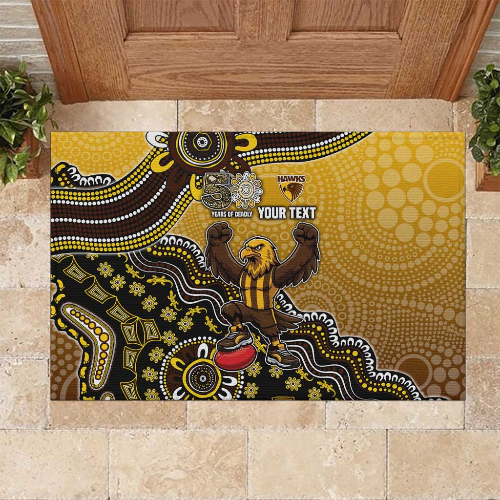 Personalized Hawks Football Mascot Rubber Doormat Aboriginal Dot Art Style Vibrant Indigenous Pattern Design